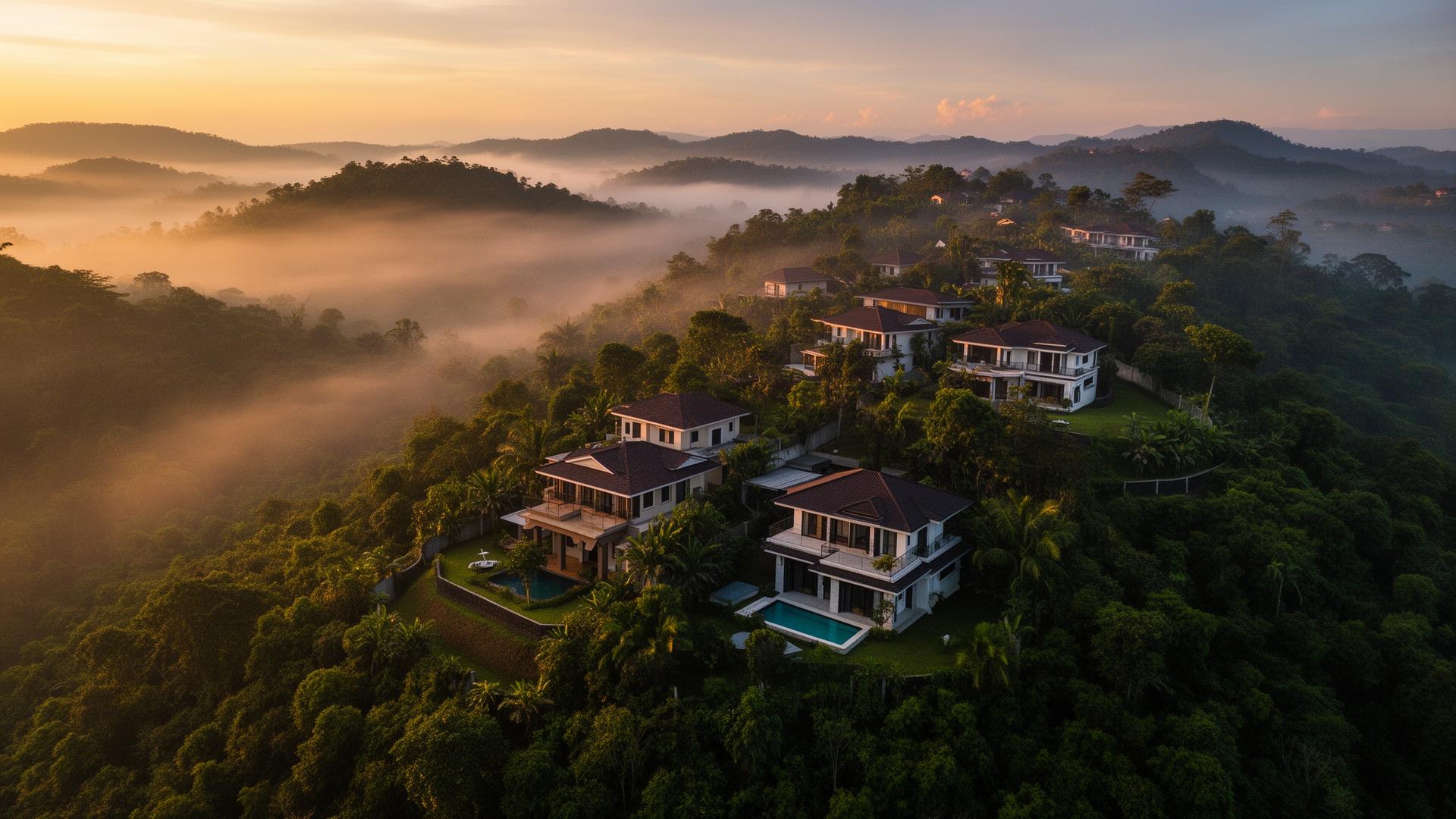 Aerial view of Villa Intan Heights at dawn